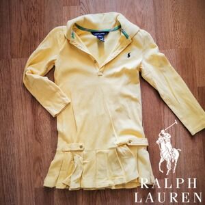 Ralph Lauren Kids Polo Dress Girls Yellow Collar Pleated Hem Logo Long Sleeve 6